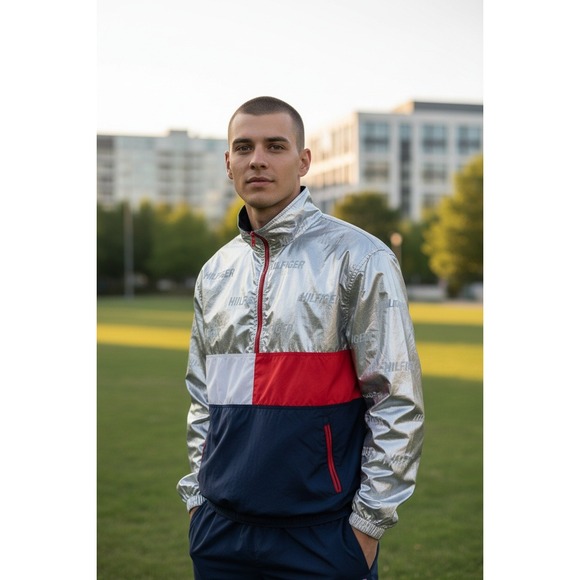 Tommy Hilfiger Other - Tommy Hilfiger Sport Men Silver Metallic Colorblock Windbreaker Jacket LG